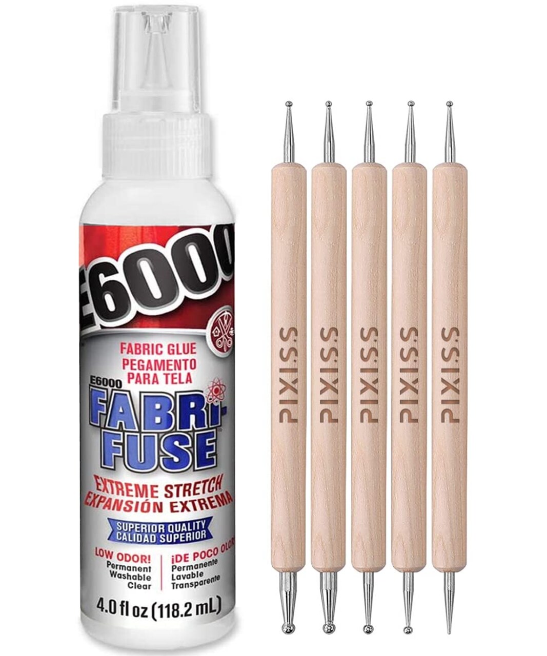 E6000 Fabri-Fuse Fabric Adhesive Glue 4oz, Pixiss Wooden Handle Stylus Applicator Pens
